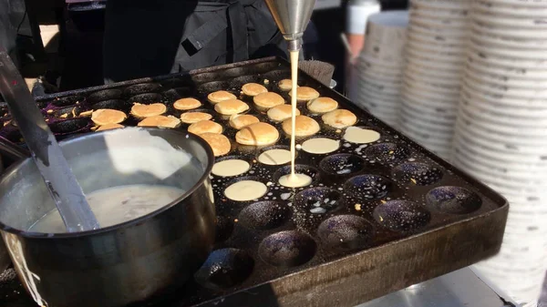 Process Making Small Pancakes Street Dough Electric Stove Molds — Stock Photo, Image