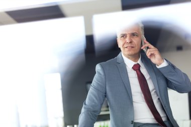 Olgun iş adamı cep telefonuyla konuşuyor. 