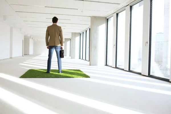 Uomo d'affari in piedi sul tappeto erboso in ufficio — Foto Stock