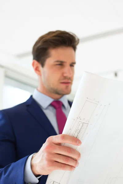 Selbstbewusster Geschäftsmann liest Blaupause — Stockfoto