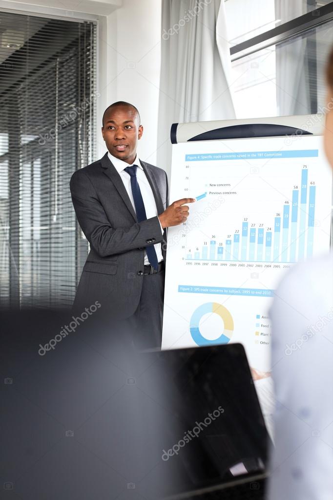 Businessman giving presentation in board room  