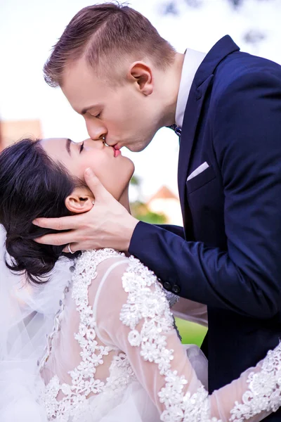 Romantic wedding couple kissing — ストック写真