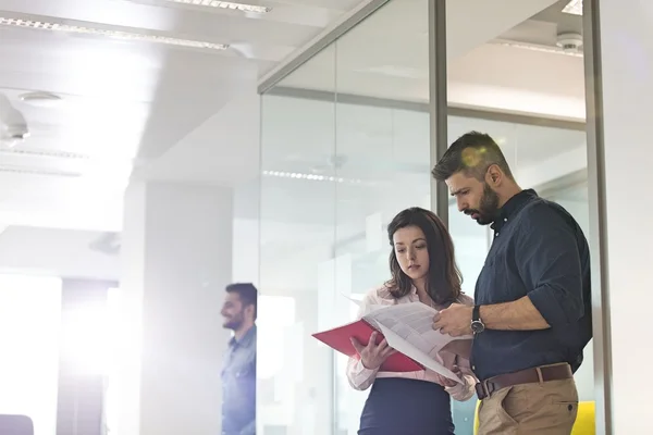 Empresário e empresária revisando projeto — Fotografia de Stock