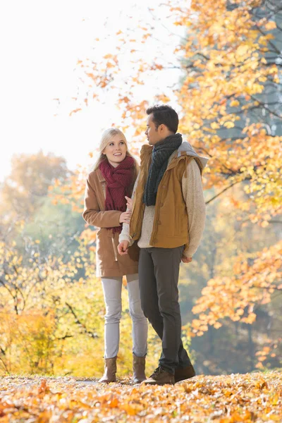 Sonbahar sırasında parkta yürümek çift — Stok fotoğraf