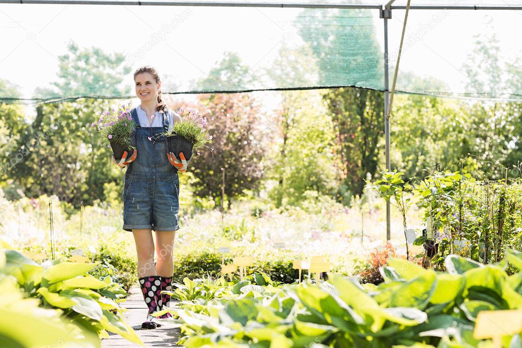 Gardener holding potted plants