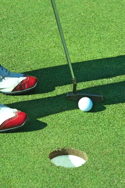 Положить мяч для гольфа на поле для гольфа — стоковое фото
