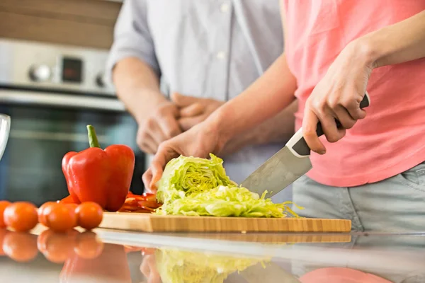 Vrouw hakken groenten — Stockfoto