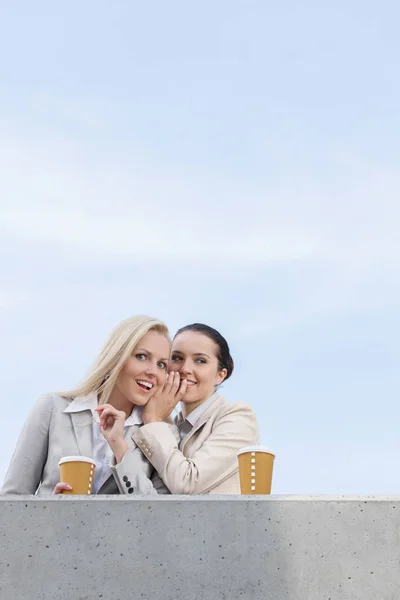 Businesswoman whispering with coworker — Stock Photo, Image