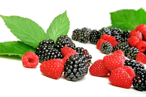 Blackberries and raspberries with leaves — Stock Photo, Image