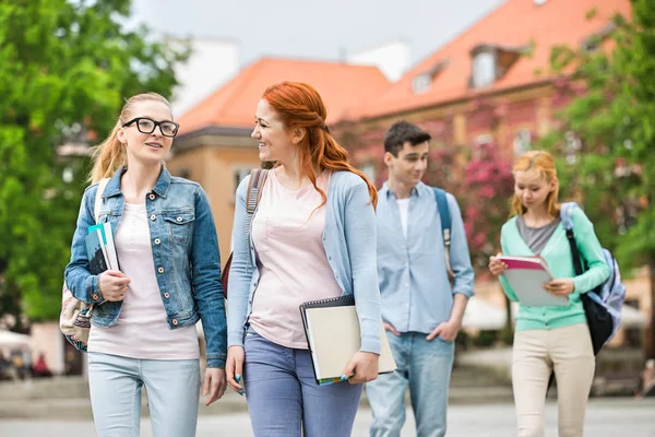 Junge Universitätsfreunde zu Fuß — Stockfoto