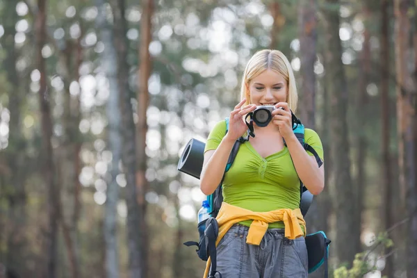 Escursionista femminile fotografare nella foresta — Foto Stock