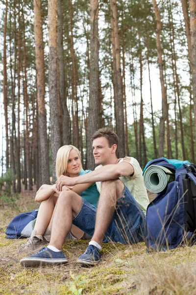 Genç backpackers rahatlatıcı ormandaki