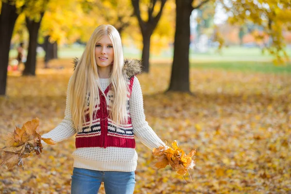 Woman holding autumn leaves in park — Stock Photo, Image