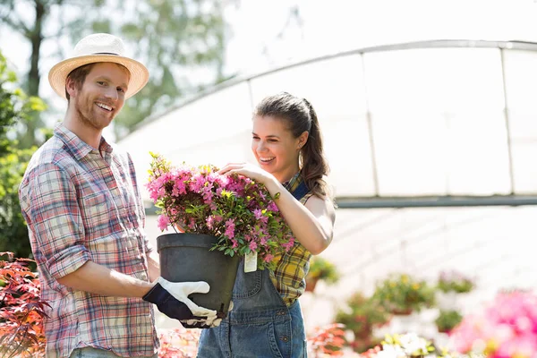 Щасливі садівники тримають квітковий горщик — стокове фото