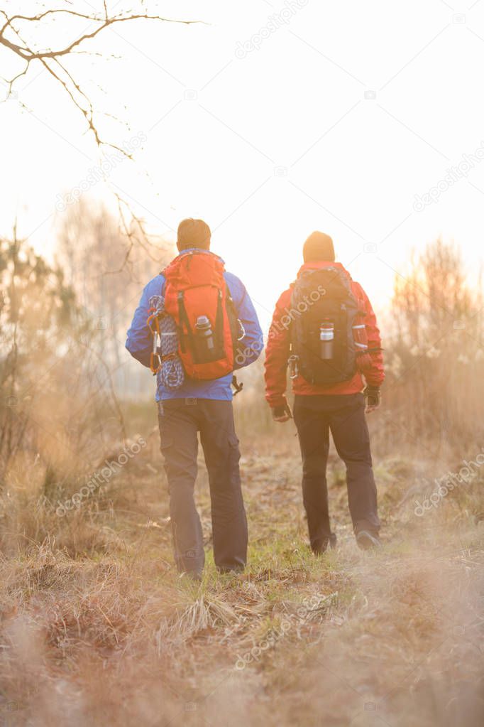 hikers with backpacks standing in field