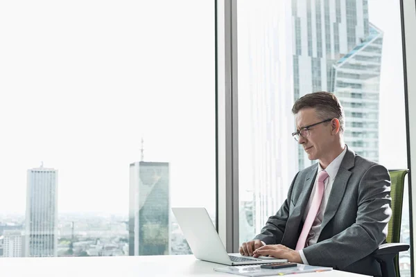 Volwassen zakenman met behulp van laptop — Stockfoto