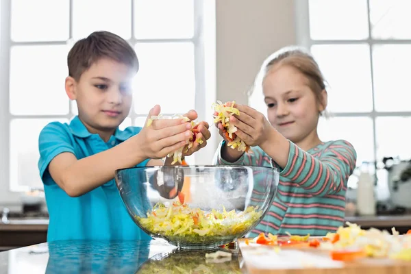 Brother and sister preparing salad — Stock Photo, Image