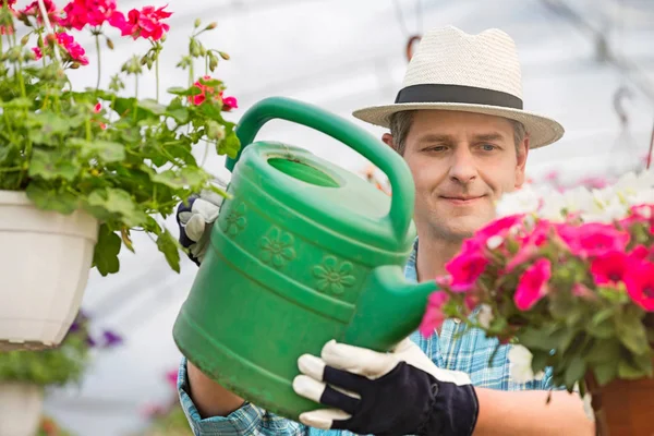 Homme arrosant des plantes de fleurs — Photo