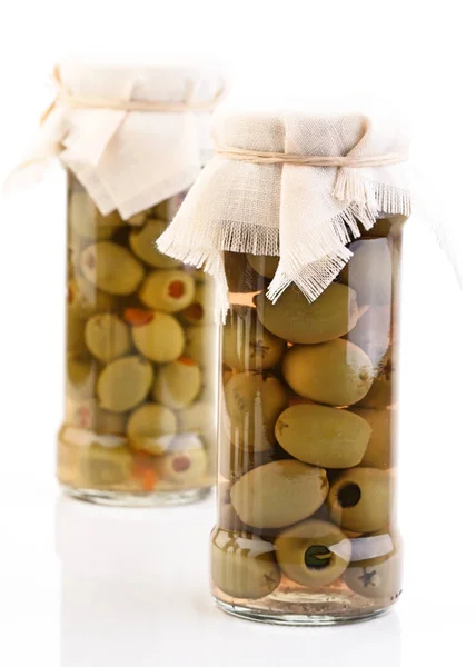 Pickled olives in jars — Stock Photo, Image