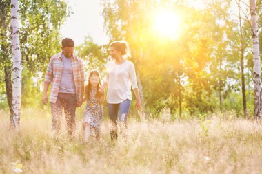 Çiftlikte gökyüzüne karşı çimenli alanda yürüyüş aile