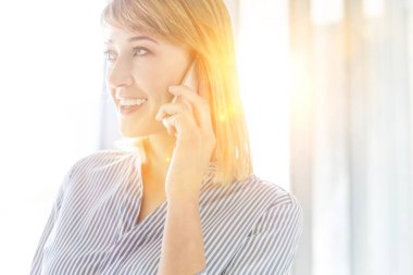 İş kadını arka planda sarı mercekli akıllı telefondan konuşuyor. 