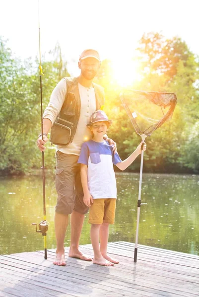 Father Son Fishing Lake While Sitting Pier — Stock Photo, Image