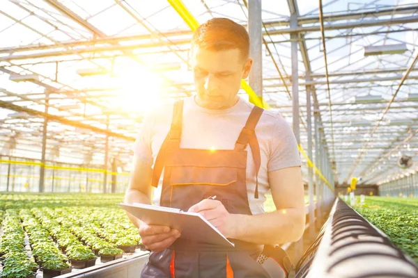 Portrait of scientist standing with clipboard amidst herbs in greenhouse