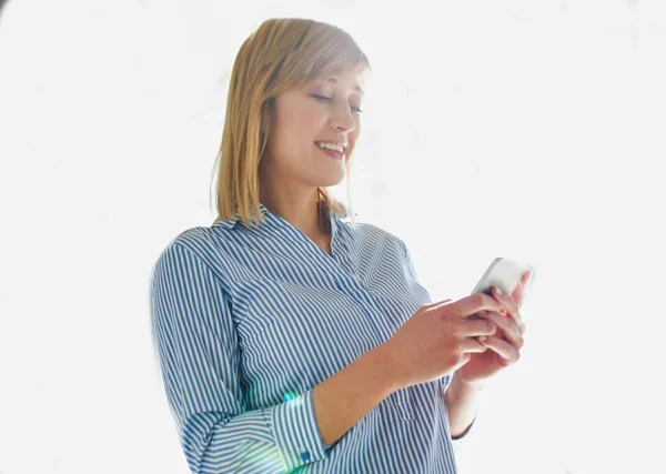 Businesswoman Talking Smartphone Yellow Lens Flare Background — Stock Photo, Image