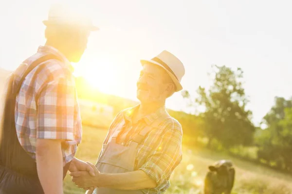 Farmers Shaking Hands While Standing Field Farm — Stock Photo, Image