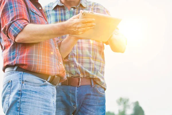 Farmáři Mluví Při Používání Digitálních Tabletu Farmě Slunečný Den — Stock fotografie