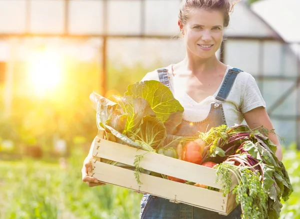 Portrait Smiling Adult Woman Holding Vegetables Crate Farm — Stock Photo, Image