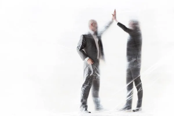 Mature Businessman Giving Each Other High Five While Being Covered — Stock Photo, Image