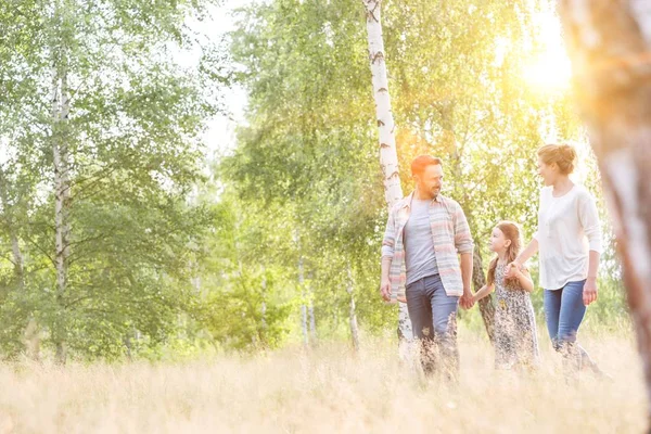 Familie Läuft Auf Wiese Gegen Den Himmel Auf Bauernhof — Stockfoto