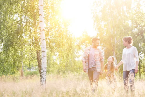 農場での空に対する草の野原を歩く家族 — ストック写真