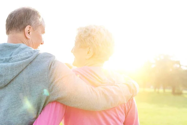 Back View Happy Fit Senior Couple Looking Each Other Sunny — Stockfoto