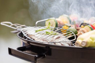 Parkta barbekü ızgarası üzerinde gıda yakın çekim