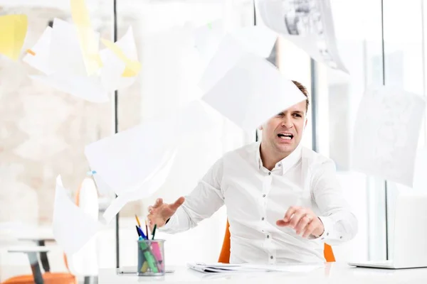 Stressed Overworked Businessman Throwing Paper Works His Desk Office — Stock Photo, Image