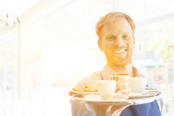 Portrait Young Attractive Waiter Smiling While Serving Food Restaurant — Stock Photo, Image