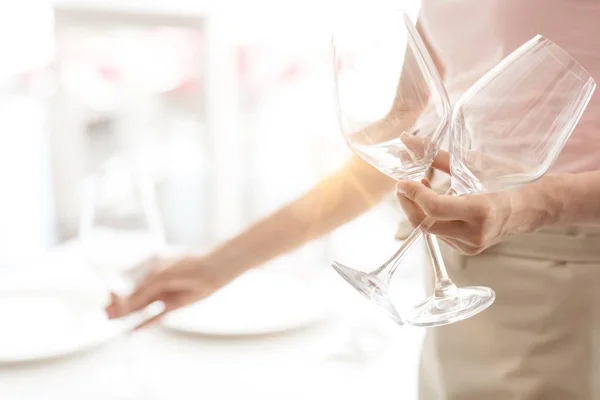 Close Waitress Arranging Wineglasses Restaurant — Stock Photo, Image