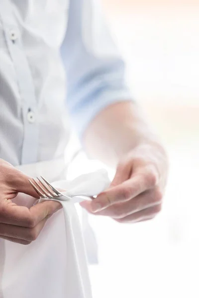 Closeup Waiter Wiping Fork Restaurant — Stock Photo, Image