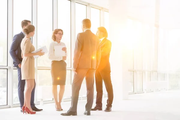 Compañeros Negocios Discutiendo Mientras Están Pie Contra Ventana Nueva Oficina — Foto de Stock