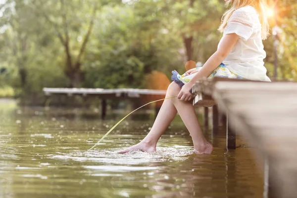 Close Young Little Girl Sitting While Playing Water Lake — Stock Photo, Image