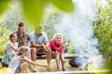 Mutlu aile ve arkadaşlar parkta yanan kamp ateşi üzerinde marshmallow kızartma