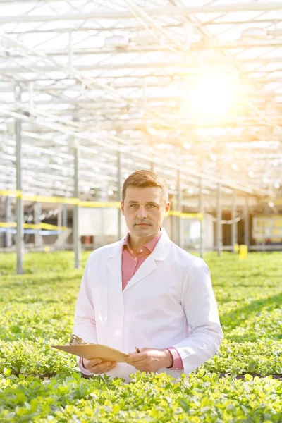 Portrait of scientist standing with clipboard amidst herbs in greenhouse