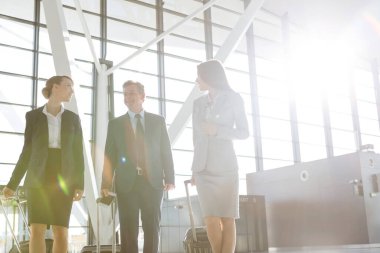 İş adamları havaalanında bavullarıyla yürürken planlarını tartışıyor.