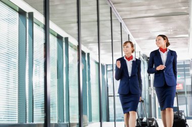 Havaalanında bavullarıyla yürüyen çekici hosteslerin portresi.