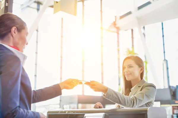 Passenger Service Agent Giving Boarding Pass Young Attractive Businesswoman Check — Stock Photo, Image