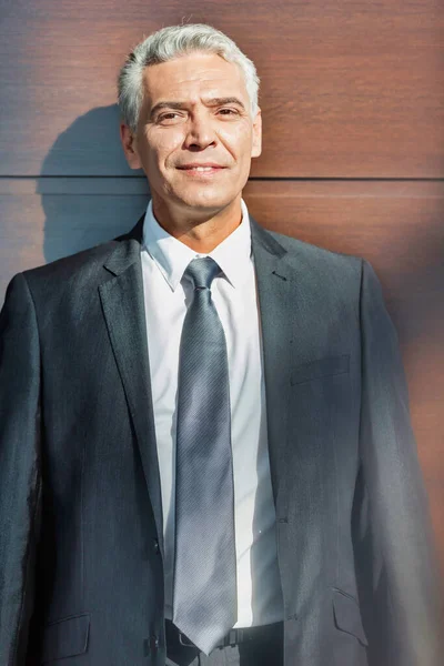 Portrait Smiling Mature Businessman Standing Suit — Stock Photo, Image