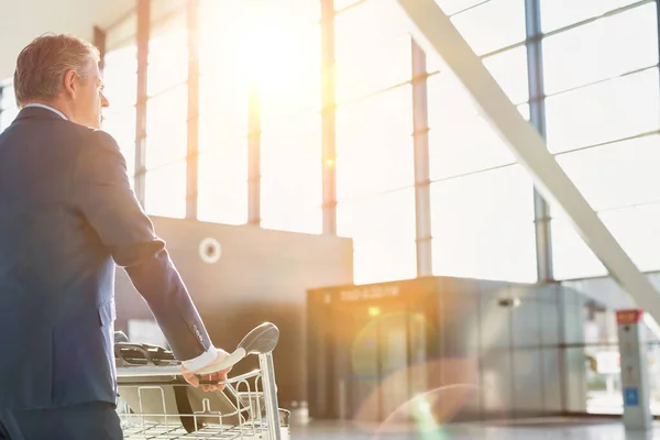 Volwassen Zakenman Duwen Bagage Kar Voor Check Luchthaven — Stockfoto