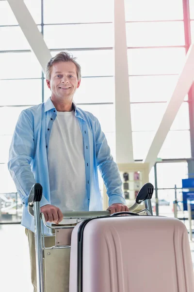 Portrait Mature Attractive Man Pushing Cart His Suitcase Check Airport — Stock Photo, Image